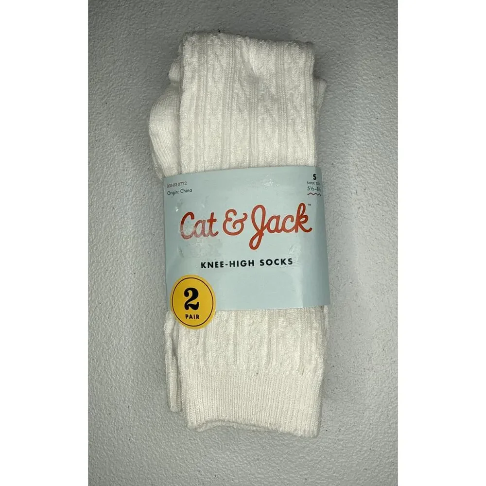 Cat & Jack Girls' 2pk Ribbed white Knee-High Socks, size S, shoe 5.5 - 8.5